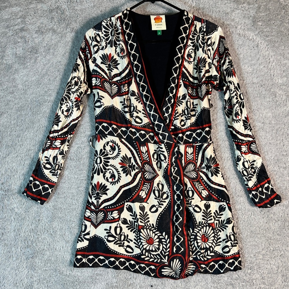 Farm Rio Women Black White Red Graphic Print Long Sleeve Wrap Mini Dress XS